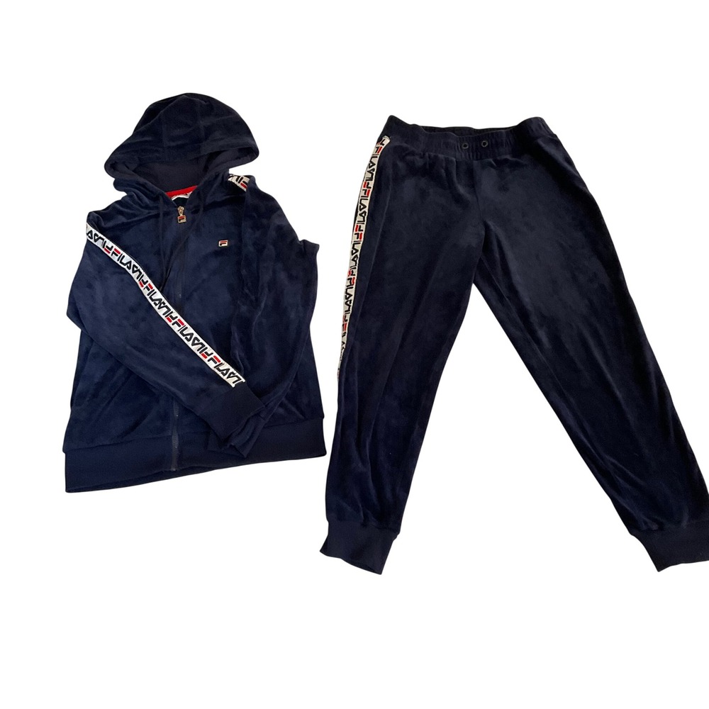 Fila Tracksuit Set Womens S Navy Blue Velour Logo Tape Hoodie Joggers Vintage